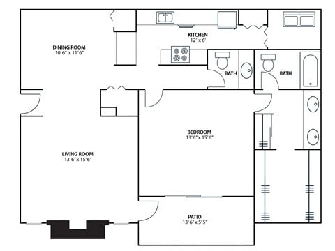 Floor plan for 1 bed, 1.5 baths, 1070 sqft